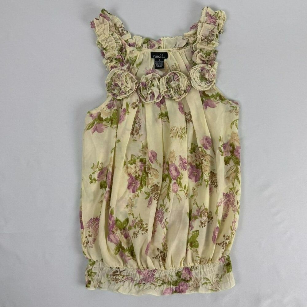 Rue21 Y2K Women's Cream Floral Ruffle Tank - S